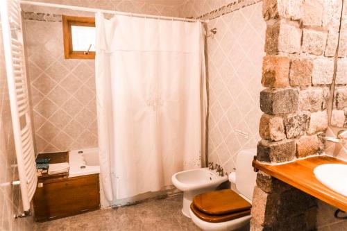 a bathroom with a white shower curtain and a toilet at Nuevo Puerto Malen in Villa Pehuenia