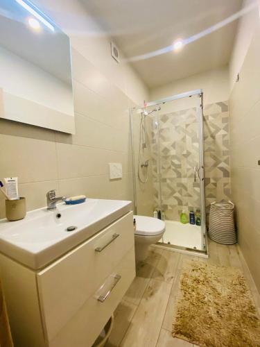 a bathroom with a sink and a shower with a toilet at Apartman Alex in Liptovský Mikuláš
