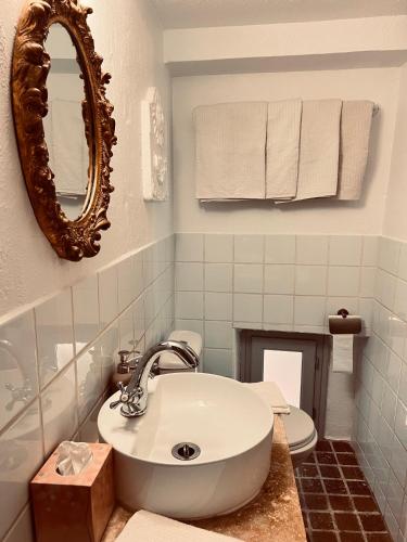 a bathroom with a sink and a toilet and a mirror at La Clé de la Porte Rentals in Antibes