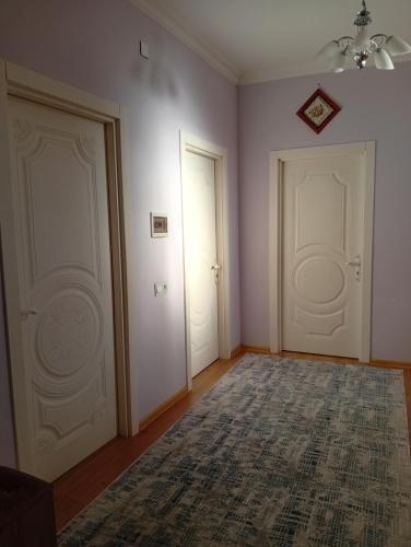 Ein leerer Raum mit zwei weißen Türen und einem Teppich in der Unterkunft Beloved Home in Çilǝgir