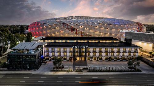 a building with a soccer ball on top of it at The Anthem Los Angeles Stadium District, Tapestry by Hilton in Inglewood
