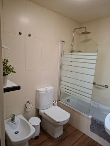 a bathroom with a toilet and a sink and a shower at Clube Pinhal da Foz in Esposende