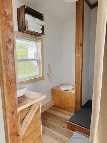 a bathroom with a toilet and a sink and a window at Les Cabanes du Cap in Miquelon