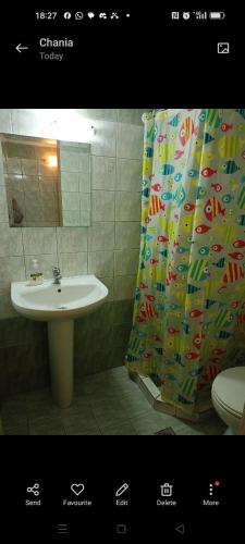 a bathroom with a sink and a shower curtain at Constantinos Budget Beds in Chania