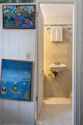 a bathroom with a sink and a painting on the wall at hotel florita in Jacmel
