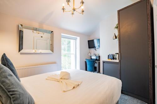 a bedroom with a bed with a mirror on the wall at Charming Howth Marina Retreat in Dublin
