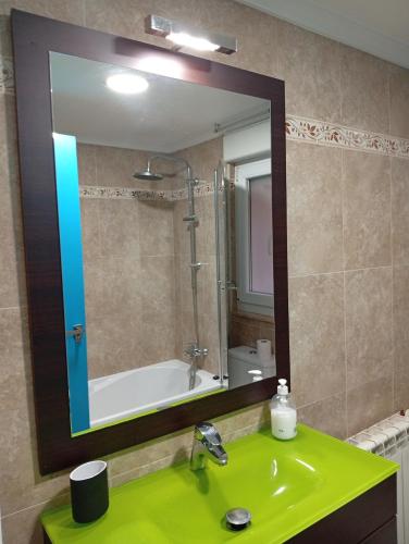 a bathroom with a green sink and a mirror at Ka'Luzy in Santa Ana