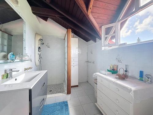 a white bathroom with a sink and a shower at Villa Soleïa in Gourbeyre