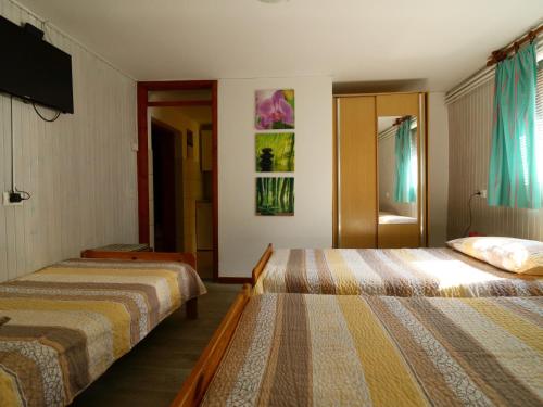 a hotel room with two beds and a flat screen tv at Apartma Rutar in Tolmin