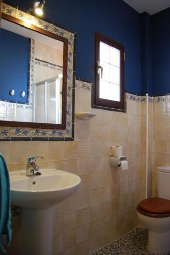 a bathroom with a sink and a toilet and a mirror at Casanavalon in El Peral