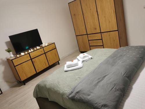 a bedroom with a bed and a tv and a dresser at Danube House in Cluj-Napoca