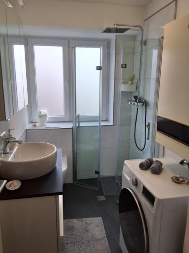 a bathroom with a shower and a sink and a washing machine at Ferienwohnung in Weil am Rhein