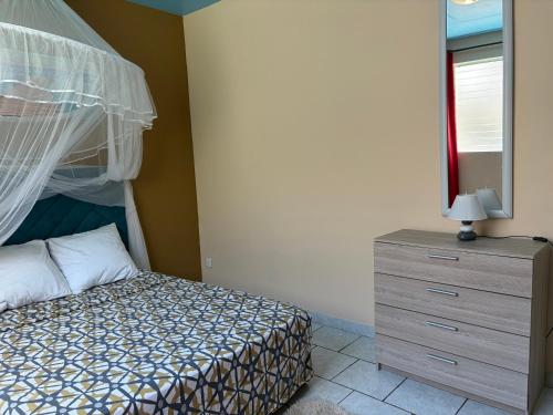 a bedroom with a bed and a dresser with a mirror at Escapade Océane in Quartier du Fond Fleuri