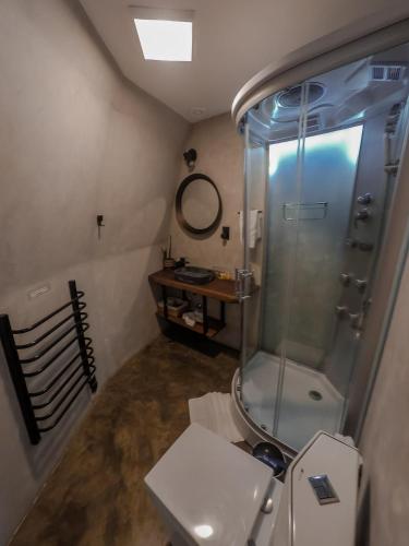 a bathroom with a shower and a toilet and a sink at Goat Lodge DOMO BALI in Ibiúna