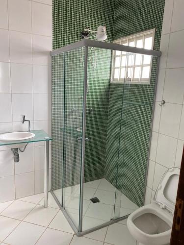 a bathroom with a shower with a sink and a toilet at Espaço Guga in Sorocaba