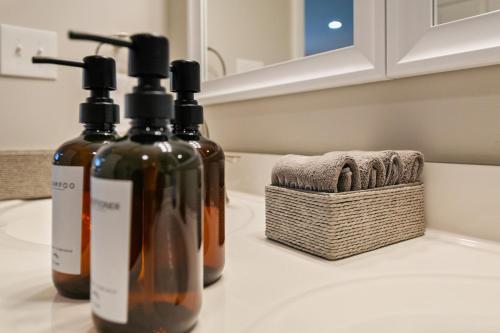 two bottles of alcohol sitting on a counter in a kitchen at USS Anderson in Waukegan