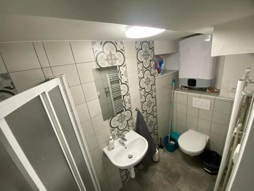 a small bathroom with a sink and a toilet at Chaloupka Jeřmanice in Jeřmanice