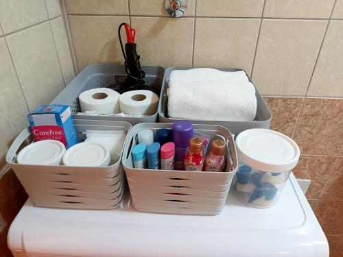 a tray on top of a toilet in a bathroom at Apartman Stella Banja Luka in Krndija