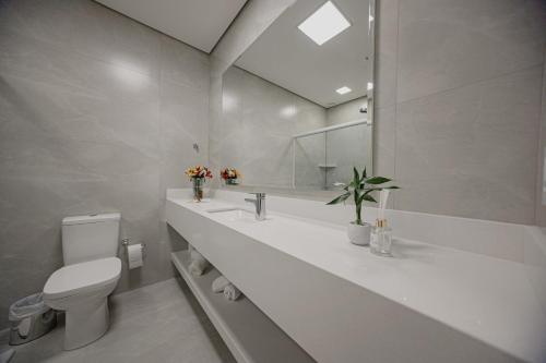 ein Badezimmer mit Waschbecken, Toilette und Spiegel in der Unterkunft Hotel Cantuccio in Arroio Trinta