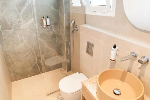 a bathroom with a shower and a toilet and a sink at Thinalos Hotel in (( Saoúli ))