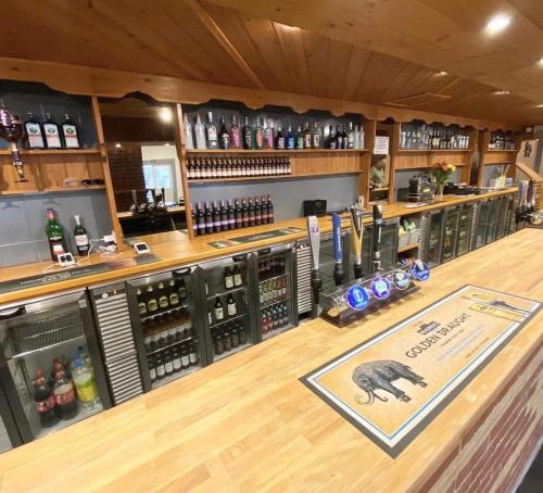 a wine bar with a bear on the counter at Red Squirrel Lodge in Sandown
