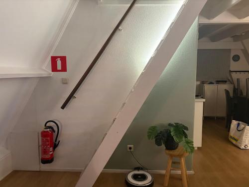 a staircase in a room with a plant on a stool at Chalet Séquoia 140, Durbuy nature, piscine,2 chiens Ok in Durbuy