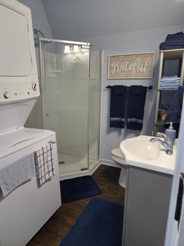 a bathroom with a shower and a sink at The Blue Goose in Marshall