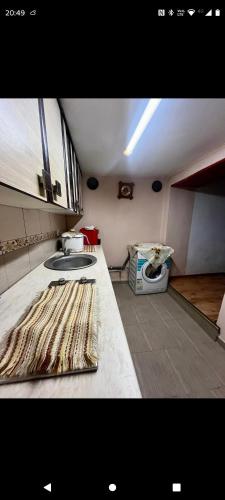 a kitchen with a sink and a counter top at Casa rustică in Ludoş