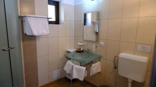 a bathroom with a sink and a toilet and a mirror at NAD Inn in Sătic