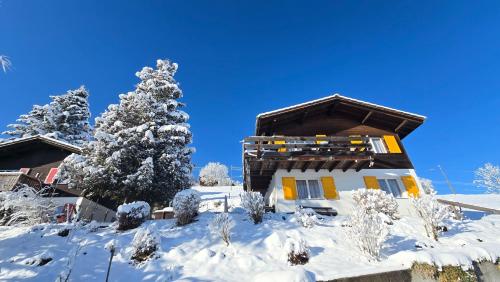 a building covered in snow with trees in the background at Nebelmeer Chalet Grabs mit Panorama über das Rheintal in Grabs