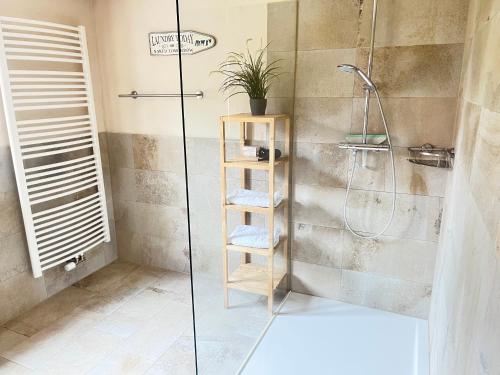 a bathroom with a shower with a glass door at Chiemsee Beachhouse Apartment in Bernau am Chiemsee