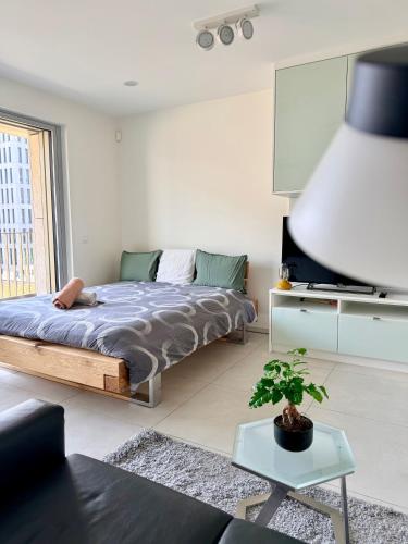 a bedroom with a bed and a tv in it at Urban Nest Studio - Cloche d'Or in Luxembourg