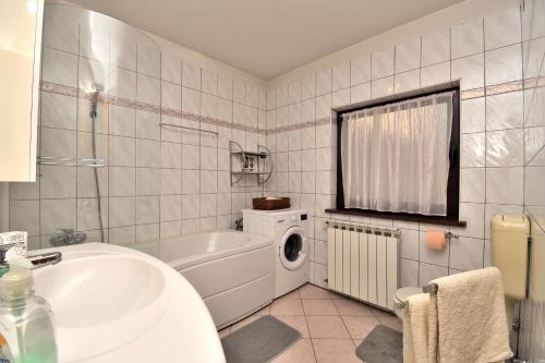 a bathroom with a sink and a washing machine at Apartment Tadey in Fužine