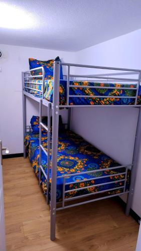 two bunk beds in a room with blue sheets at Le séjour in Champigny-sur-Marne
