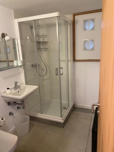 a bathroom with a shower and a sink at LA CODORNIZ in Villaviciosa
