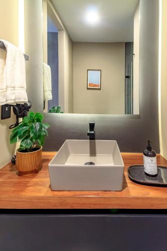 a bathroom with a white sink on a wooden counter at Atena Urban Living in Guadalajara