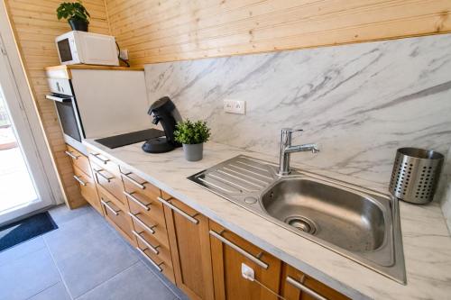 a kitchen with a sink and a counter at Le chalet au bord de seine in Les Mousseaux