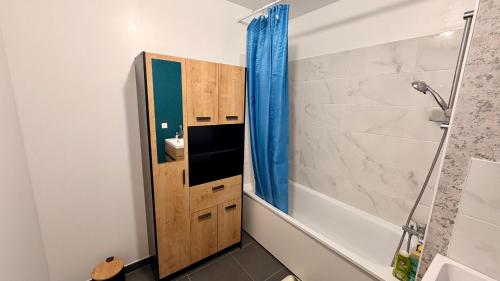 a bathroom with a shower and a wooden cabinet at Le Terrier in Noisiel