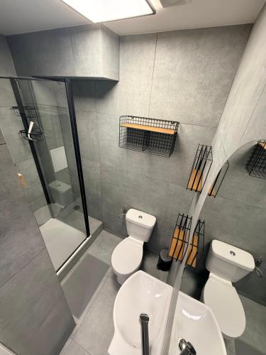 a bathroom with a toilet and a shower and a sink at Zamkowy Hostel Gdansk Old Town in Gdańsk