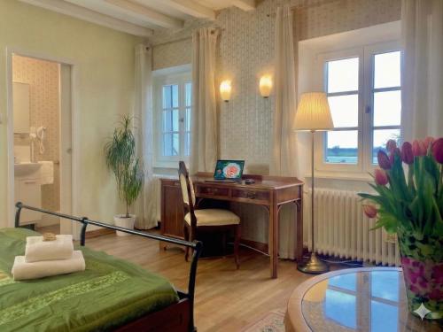 a bedroom with a desk and a bed and a table at Rhein River Guesthouse - direkt am Rhein in Leverkusen