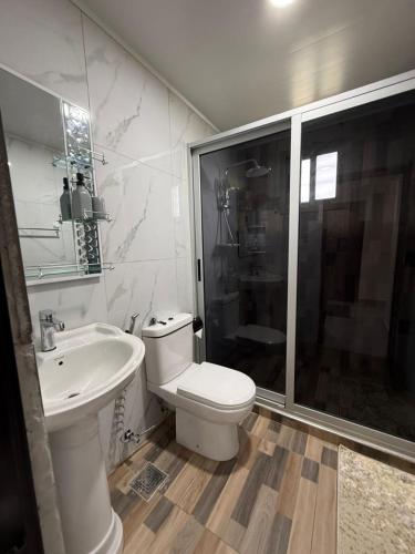 a bathroom with a toilet and a sink and a shower at Samash villa foxdale 2 bedroom in Lusaka