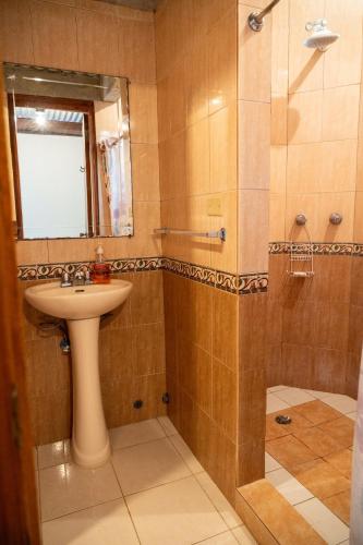 a bathroom with a sink and a shower with a mirror at The Mexican in Los Altos de Cerro Azul