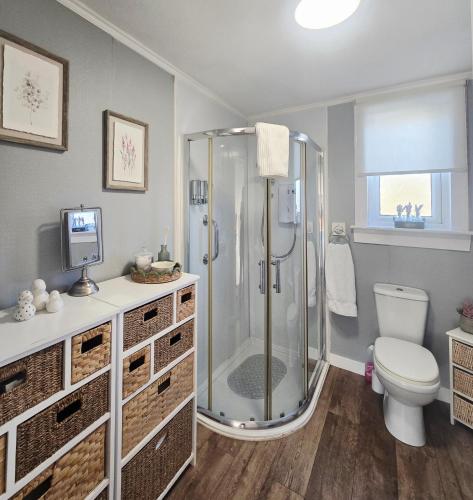 a bathroom with a shower and a toilet at The Coal House in Townhill
