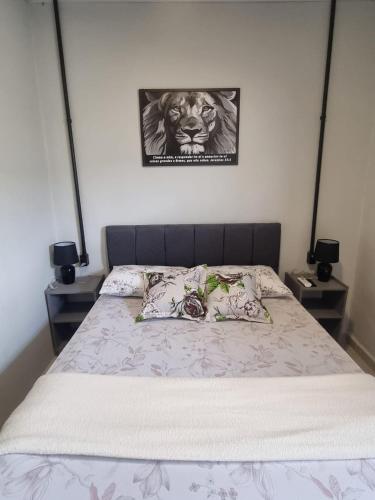 a bedroom with a bed with two nightstands and a lion picture at Hotel Giselle Boutique in Boa Vista