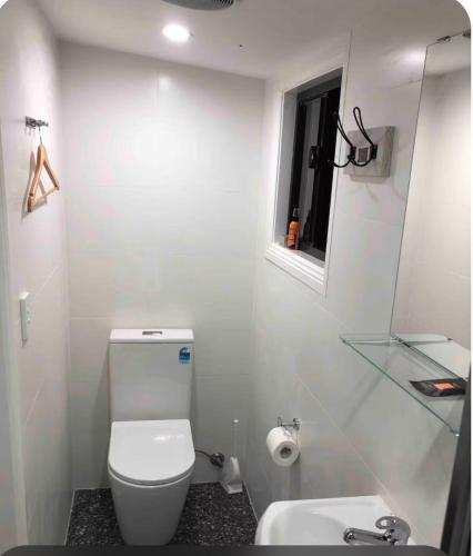 a white bathroom with a toilet and a sink at Dees Rear Studio Room in Hazelbrook
