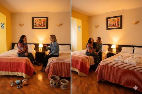 two women sitting on beds in a hotel room at Hotel Bartol in Huancayo