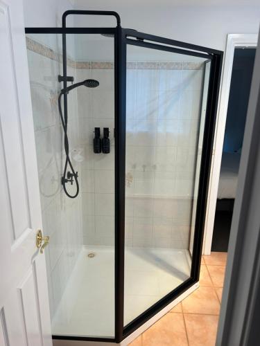 a shower with a glass door in a bathroom at Holiday fun Mildura in Mildura
