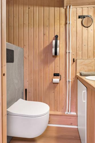 a bathroom with a toilet and a sink at Aurora Lodge in Bjørnevatn