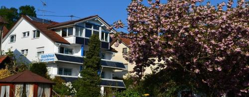 a building with a flowering tree in front of it at Gästehaus am Lindenweg in Meersburg