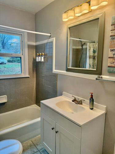 a bathroom with a sink and a mirror and a tub at Cozy 1 Bedroom Bungalow in Charlotte
